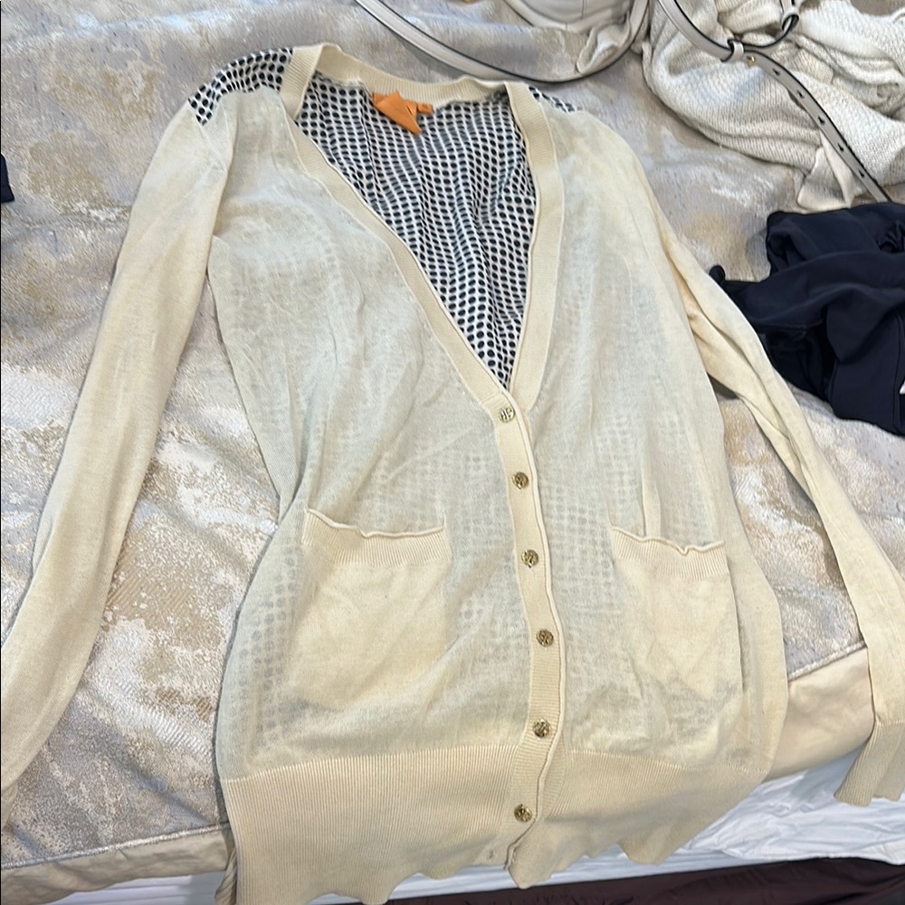 Tory Burch Cream Cardigan Sweater with V-Neck